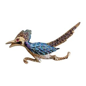 Signed ULTRA Roadrunner Brooch Enamel Rhinestone Blue Purple Green Bird Pin